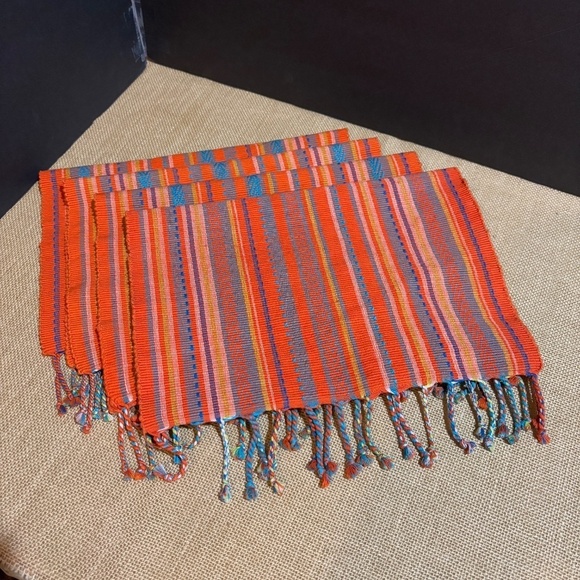 Pier 1 Placemats Woven Cotton Set Of 4 Orange striped tasseled Guatemala Summer - Picture 1 of 4